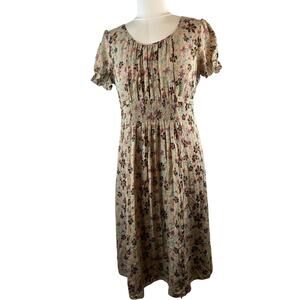 Sundance Silk Floral Smocked Waist Midi Dress Size 12 Boho Cottagecore Brown